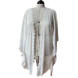 Shein Curve White Lace Trim Sheer Kimono Cover Up 4XL Beach Cardigan Boho